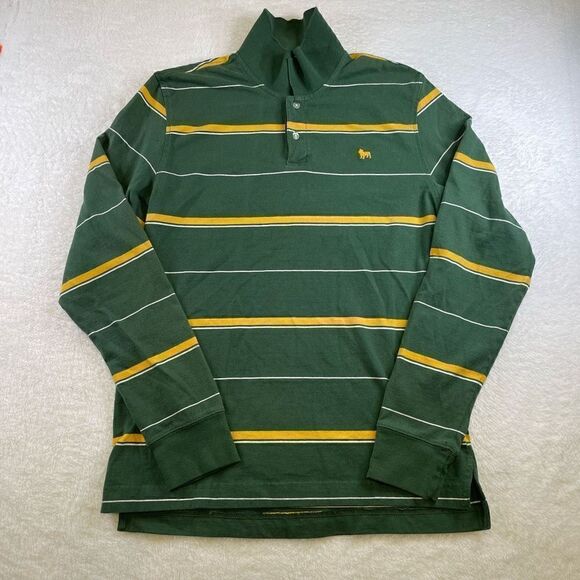 Large Aeropostale Slim Fit Green Polo Long Sleeve Yellow Striped - Picture 1 of 11